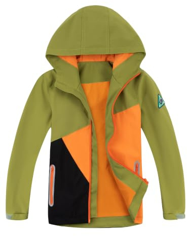 YOUNGSOUL Giacca impermeabile e antivento per bambini, con blocco colorato, verde militare, 146-152