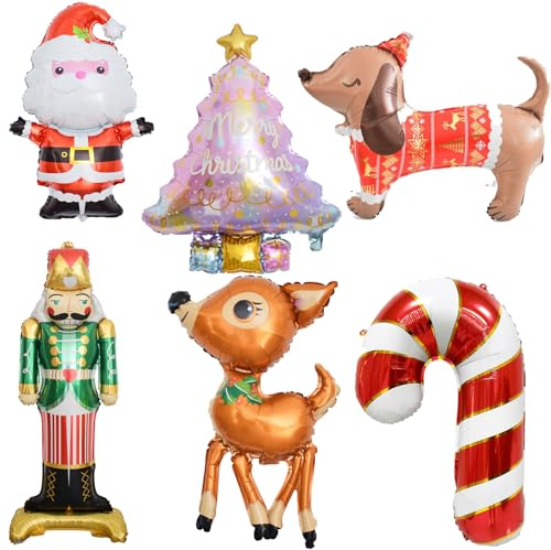 YHNNH Weihnachtstag party balloons, 6 Stück Weihnachts Folienballons, Weihnachtsmann, Rentier, Weihnachtsbaum Modellierballons für Weihnachtstag party