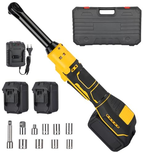 MISTRO Llave Carraca Eléctrica 3/8 Inalámbrica con 2 Baterías 4.0Ah 80Nm Motor Sin Escobillas 400RPM Llave Trinquete de Cuello Largo 6 para Mecánica de Automóvil 7 Vasos y Extensión