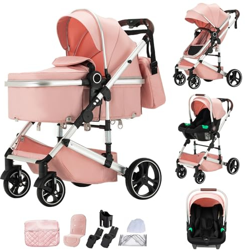 Shineey Kinderwagen 3 in 1,Faltbarer Puppenwagen Set,Reisesysteme kinderwagen Kinderkarre komplettset Neugeborener Tragbarer Mit Höhenverstellbarer Rahmen Aluminiumlegierung (H9/PINK, H9)