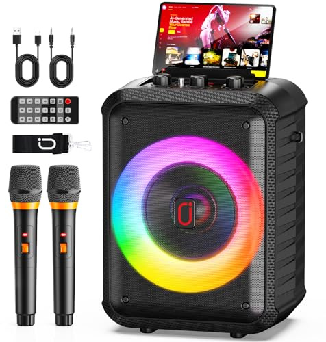 JYX Karaoke Machine with 2 Wireless Microphones, Portable Bluetooth Speaker with PA System for Adults, Disco LED Light, Supports USB/SD Card/TWS/AUX/Echo Adjustment/REC for Party, Birthday, Home