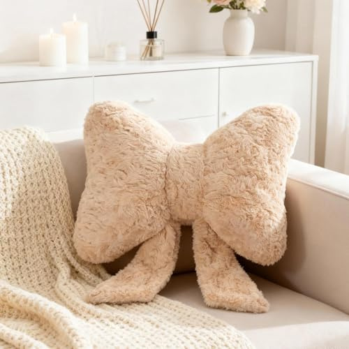Kertaym Schleifen Auto Kissen Deko, Kuschelkissen, Kissen Sofa Aus Plüsch & PP-Baumwolle, Clean Girl Room Decor, Zierkissen Für Sofa, Auto & Büro (1*Sofakissen, Khaki, 26 x 22 cm)