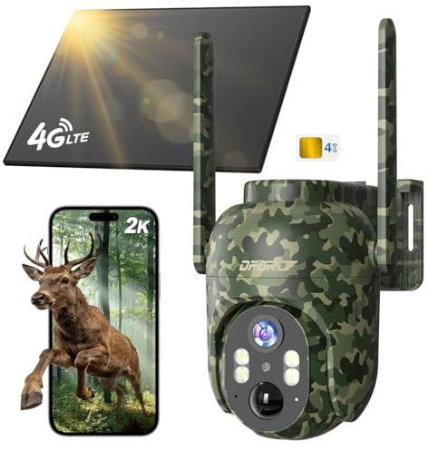 DFGRD 4G LTE Fotocamera con SIM e Pannello Solare, 2K PTZ 360° Telecamera Esterna, Batteria 10400mAh, Visione Notturna, Rilevamento PIR, IP66