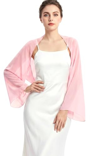 JasGood Stola Damen Festlich Chiffon Schal Sommer Eleganter Schultertuch Leicht Bolero Shrug mit Ärmel Stolan für Abendkleid Brautkleider Hochzeit,Rosa