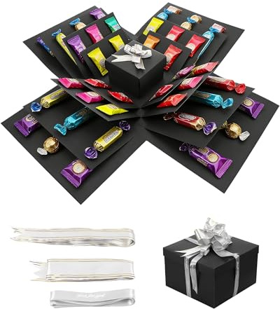 Fokroin Überraschung Box, 1 Stück, Schwarz, 5-Lagige Explosionsbox, Surprise Box mit Band, Geschenkbox für Süßigkeiten Foto, für Geburtstag, Weihnachten, Valentinstag, Hochzeit & Jubiläum