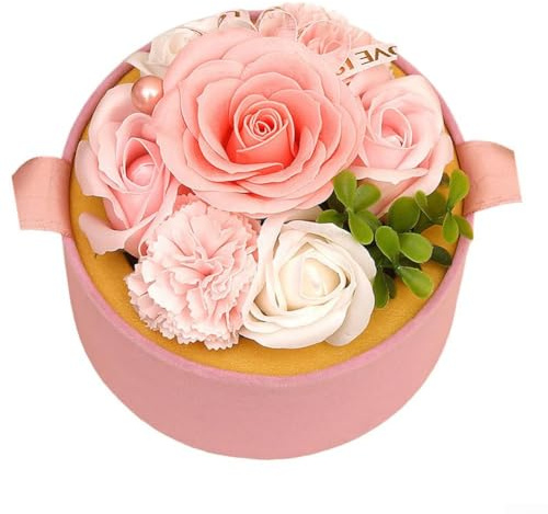 Bouquet de fleurs de savon fait à la main dans une boîte ronde, barre parfumée de rose à base de plantes pour fête des mères, anniversaire, anniversaire de mariage, décoration de mariage (rose)