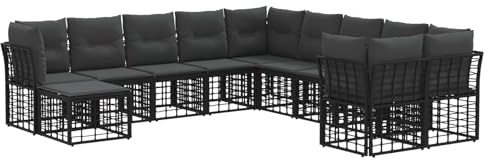 vidaXL Outdoor-Sofagarnitur 11 pcs Schwarz und Dunkelgrau Polyester, Stylisches, modulares Garten-Sofa-Set, wetterfestes Poly-Rattan-Lounge, höhenverstellbare Füße, modernes Outdoor-Sitzen