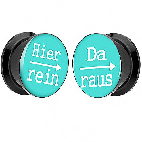 Piersando 1 Paar 2er Set Ohr Plug Piercing Kunststoff Flesh Tunnel Ohrplug mit Hier rein Da Raus Spruch Schwarz Motiv Comic Picture Türkis 20mm