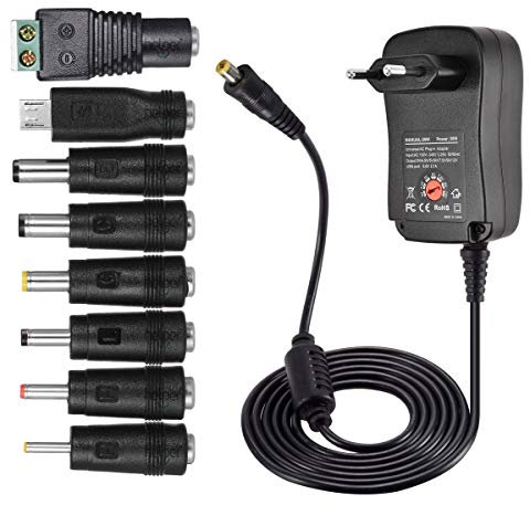 Universal Conector de fuente 3V 4.5V 5V 6V 7.5V 9V 12V 30W CA/CC 2000mA con 8 puntas de adaptador seleccionables y enchufe Micro USB, electrónica y dispositivos USB – 2000 mA MAX