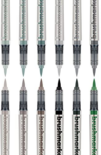 KARIN Brushmarker PRO 12 Grey Colours set. Brushmarker mit Ink-Free System, 2, 4 ml Flüssiger Farbe.