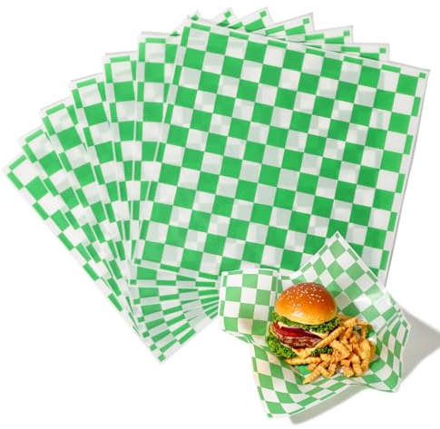 [250 Sheets] 12x12 Inch Deli Paper Sheets Sandwich Wrap - Green and White Checkered Food Basket Liners, Grease Resistant Wrapper for Barbecue Restaurants, Picnics, Parties, Kids Meal, Outdoor Fair