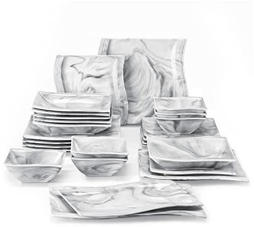 MALACASA Plates and Bowls Set, 26-Piece Dinner Sets with 6-Piece Dinner Plate/Soup Plate/Dessert Plate/Bowl and 2 Serving Platter, Marble Grey Porcelain Dinnerware Set Service for 6, Series Flora