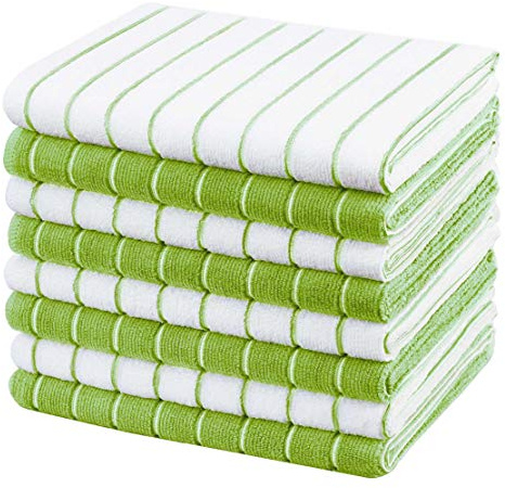 gryeer Microfibre Tea Towels, 45 x 65 cm, Pack of 8, Green and White | Soft, Super Absorbent, Lint Free Kitchen Towels