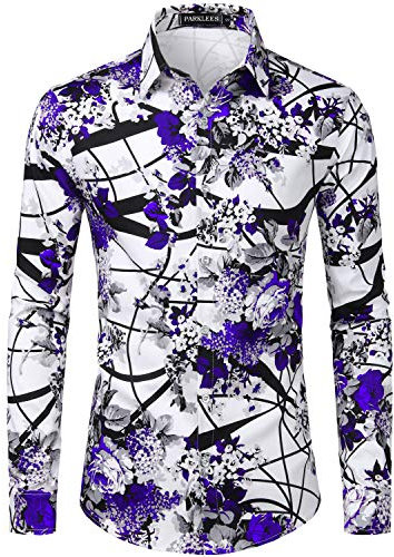 PARKLEES Camicie da uomo a maniche lunghe con stampa floreale con bottoni sul davanti, casual, fantasia floreale, 105-viola, S