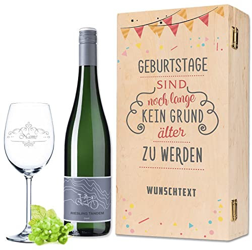 GRAVURZEILE Leonardo Weinglas mit Gravur - Geburtstage sind kein Grund - inkl. bedruckter Holzkiste & Tandem Riesling 0,75 l - Geburtstagsgeschenk für Frauen & Männer - Wein Geschenkset - Weißwein
