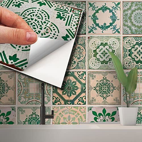WALPLUS 24 Pcs 15cm(6) Tile Stickers Peel and Stick Backsplash Self-Adhesive Removeable Stick on Wall Vinyl Home Decoration DIY for Living Kitchen Bedroom Splashbacks - Vintage Green Antique Azulejo
