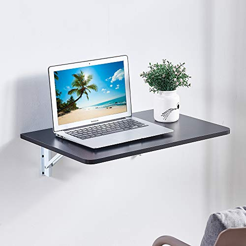 Urkitd Wall Mounted Folding Desk, Floating Folding Table, Drop Leaf Dining Table, Mounted Desk for Small Spaces, Wooden Space Saving Hanging Table for Study Bedroom Laundry Balcony Kitchen, Black
