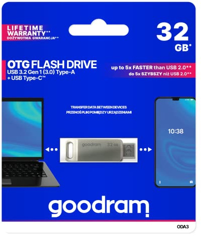 Goodram 32GB ODA3 USB-Speicherstick mit USB 3.2 Gen 1 Schnittstelle 2 x USB A und 1 x USB C Anschlüsse Lesegeschwindigkeit bis zu 60 MBs und Schreibgeschwindigkeit bis zu 20 MBs Silber 32 GB