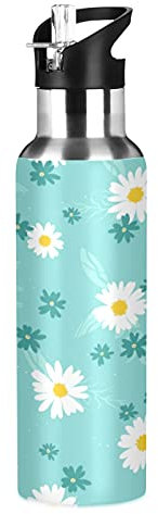 Mnsruu Bouteille d'eau isotherme pour filles et garçons, jolie fleur en acier inoxydable avec paille, 590 ml
