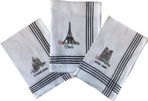 VIANAYA Geschirrtücher Paris Eiffelturm, Sacré Coeur und Notre Dame aus Baumwolle, bestickt – Maße: 50 x 70 cm, 3 Stück