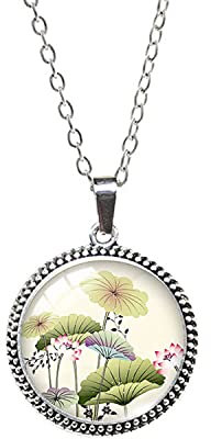 Halskette mit Cabochon-Anhänger, Lotus, Seerosen, Glas, Schmuckzubehör