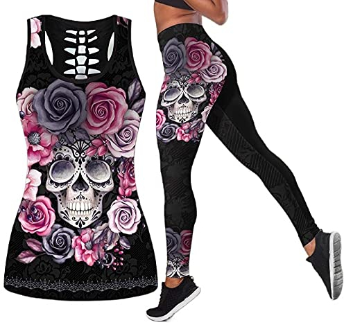 DRZHEAM Damen Zucker Schädel Yoga Outfits für Frauen 2 Stück Sets, Weihnachten Tank Tops Leggings Training Activewear für Mädchen
