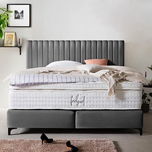 Boxspringbett Paris 200x200 Samt, ohne Visco-Topper, Pfeifensteppung, Hotelbett, ohne Bettkasten, 7 Zonen Taschenfederkern-Matratze, Aufbau KOSTENLOS (Dunkelgrau, 200x200 cm ohne Topper)