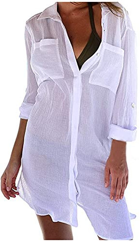 Damen Strandkleid Bikini Cover Up Strandponcho Sommer Bademode Strand Vertuschen Shirt (weiß, S)