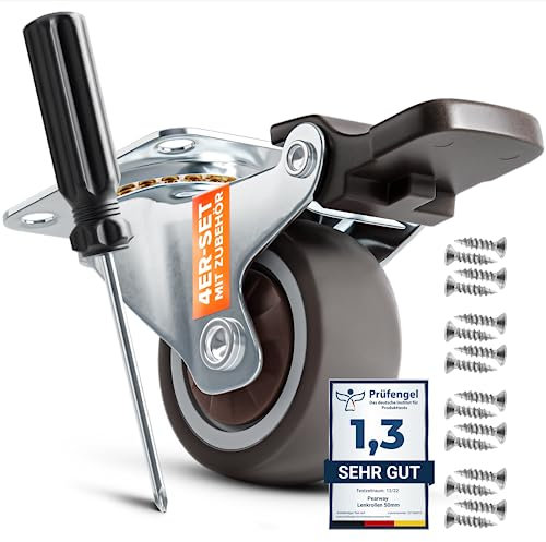 PEARWAY™ Premium 32mm Möbelrollen mit Bremse [4 Stk bis 60kg] inkl. Montagezubehör I Robuste Rollen mit Bremse I Rollen für Möbel I Möbelrollen klein I Möbel Rollen I kleine Möbelrollen I Lenkrollen