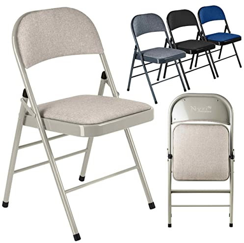 Nyxi Set of 4 Folding Chairs with Padded Fabric Seats, Metal Frame, Foldable Chair Home Office Dinning, Multi-Purpose Indoor & Outdoor (Camel Cream)