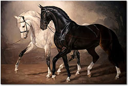 HTWLMM Leinwand Malerei Schwarz Weiß Pferd Vintage Bilder Kunstdruck für Wohnzimmer Schlafzimmer Wandbilder Deko Rahmenlos (70X100CM)