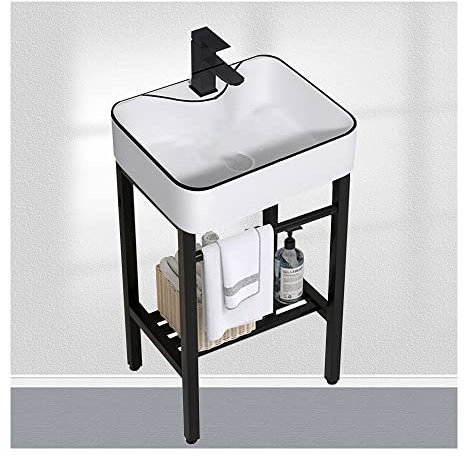 Freistehendes Waschbecken, weißes Keramik-Badezimmerwaschbecken, kommerzielles Spülbecken für Waschküche, mit Edelstahl-Metallbeinen, Standwaschbecken, schwarzes Aufbewahrungsregal (Color : B, Size