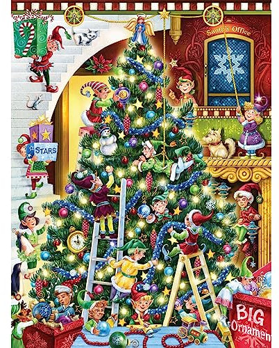Bits and Pieces - 300 Piece Jigsaw Puzzle for Adults - 18 x 24 - Elves Trimming Tree - 300 pc Large Piece Christmas Holiday Glow in The Dark Jigsaw by Artist Randy Wollenmann