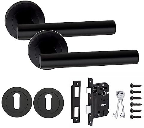 Golden Grace Straight T-Bar Design Key Lock Door Handles Set on Round Rose in Matt Black Finish with 64mm 3 Lever Mortise Lock & Key Hole