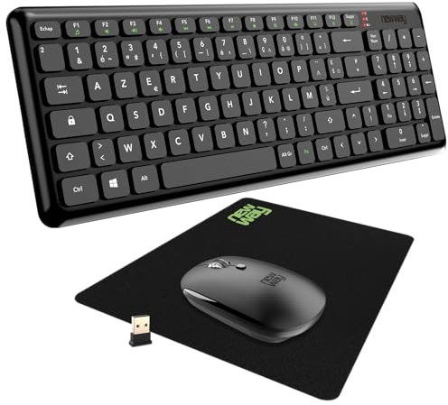 NEWWAY – Pack RF01 Clavier Souris sans Fil avec Tapis – Clavier Wireless Français (AZERTY) 97 Touches 13 Raccourcis Multimédias – Souris WiFi 2.4 GHz 4 Boutons Compacte – Récepteur USB - Noir