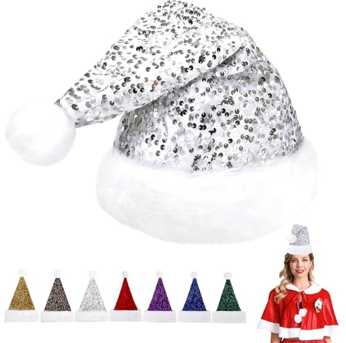 Pailletten Weihnachtsmütze Nikolausmütze Erwachsene Plüsch,Plüsch Nikolausmütze mit doppeltem Samt für Weihnachtsfeiern,Bequemes Dicker Klassischer Nikolausmütze für festliche Partys im neuen Jahr