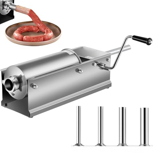 5L Sausage Stuffer Machine, Stainless Steel Sausage Filler, with 5 Filling Nozzles, Horizontal Manual Sausage Meat Mincer, for Making Hot Dog Sausages, Bratwurst