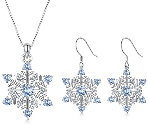 Zolkamery Silber Weihnachten Damen Schmuck Set, 925 Sterling Silber Schneeflocke Halskette Ohrringe Set, 45+5cm Silberkette Anhänger & Ohrringe Haken mit Blau Zirkonia, Geschenk für Winter Weihnachten