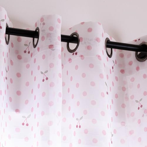 SCHÖNER LEBEN. Kinderzimmer Ösengardine Punkte mit Kirschen halbtransparent weiß rosa 140x260cm