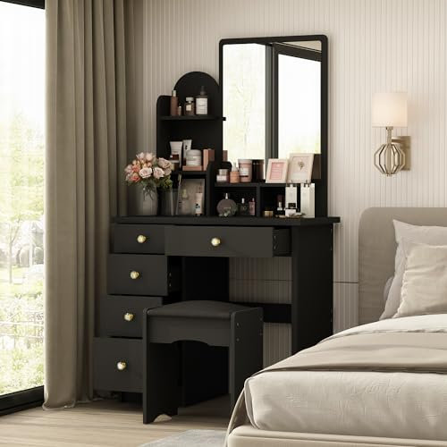 DEZAGCE Schminktisch mit Hocker und große Spiegel, Kosmetiktisch mit 5 Schubladen, Frisiertisch mit öffenen Stauraum, Schminktische, Schwarz, MDF, 80 B x 40 T x 140H cm