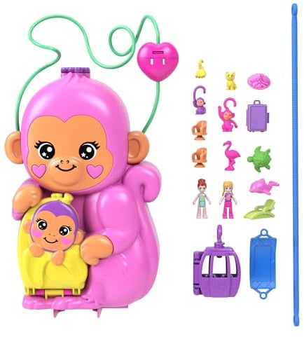Polly Pocket - Borsetta Mamma Scimmia e Scimmietta, playset 2-in-1 con bambole Polly e Lila, animali e 13 accessori inclusi, diventa una borsetta da indossare, giocattolo per bambini, 4+ anni, HWP04