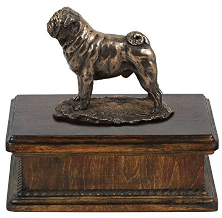 Art-Dog Custom Dog Mama Sitzende Statue Gedenkurne - Handgefertigte kaltgegossene Bronze auf Birkensockel - Urne für die Asche von Hunden - 24,5x29x21cm - 5l - Mops