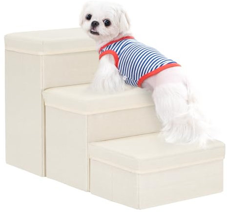 Uross Dog Stairs with Storage 3-Steps, Pet Steps for Small Medium Large Dogs, Pet Stairs to Bed for Old Cats, Dog Puppy Step for Couch (Beige)