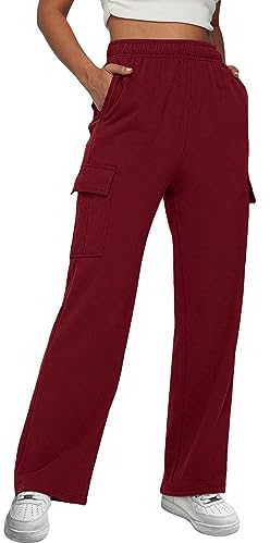 WILLBEST Hosen Damen Sporthose Damen Lang Mit Taschen Hosen Damen Locker Lässig Herbst Baggy Jeans Jungs Trainingshose Damen Polyester Elasthan Latzhose Damen Arbeitshose Rot Kurze Hose