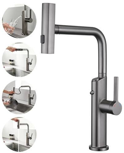 Rubinetto Cucina 3 Vie con Doccetta Estraibile, Miscelatore Cucina Tre Vie per Sistemi Osmosi Filtro L'acqua, 4 Modalità Rubinetti Monoleva Monocomando per Cucina Lavello (Grigio)