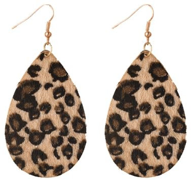 fdsmall Leopard Print Ohrringe für Frauen - Boho Vintage Handgemachte Holz Träne Haken Leder Dangle Drop Ohrringe (01)