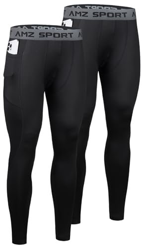 AMZSPORT 2er Pack Herren Kompressionshose, Lange Atmungsaktive Laufhose, Sport Leggings Tights für Training, Fitness, Radfahren, Basketball und Gym Schwarz mit Taschen L