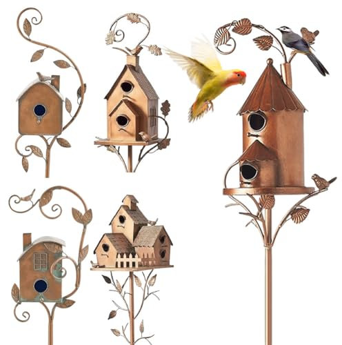 ARVALOLET Birdhouse Garden Stakes Metal Bird House with Pole for Outdoor Yard Garden (E)