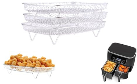 Yetaha Air Fryer Rack for Ninja Dual Basket, Deshidratador de freidora, Apilable, 304 Acero Inoxidable Air Fryer Accesorios para Ninja AF300EU/ AF400EU (tres capas)