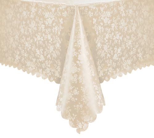 Romanstile Wachstuchtischdecke Tischdecke abwaschbar 140x180 beige rechteckig 350GSM mit Blumen Plastik Tischtuch wasserdicht,wetterfest,robust für Party,Outdoor,Weihnachten,Silvester,Garten,Frühling